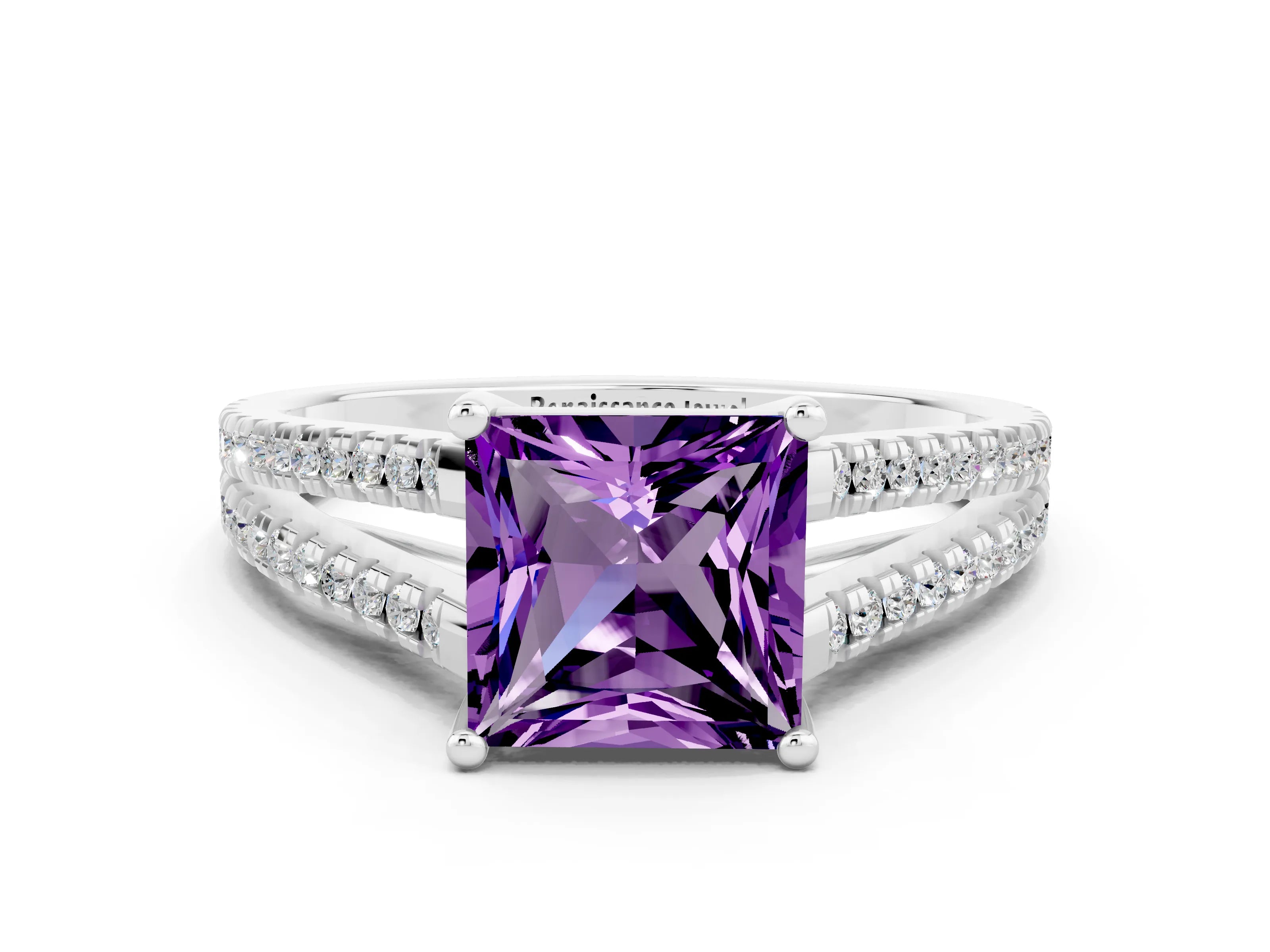 White gold Princess Cut Amethyst Solitaire Engagement Ring with Split Shank Pavé Band