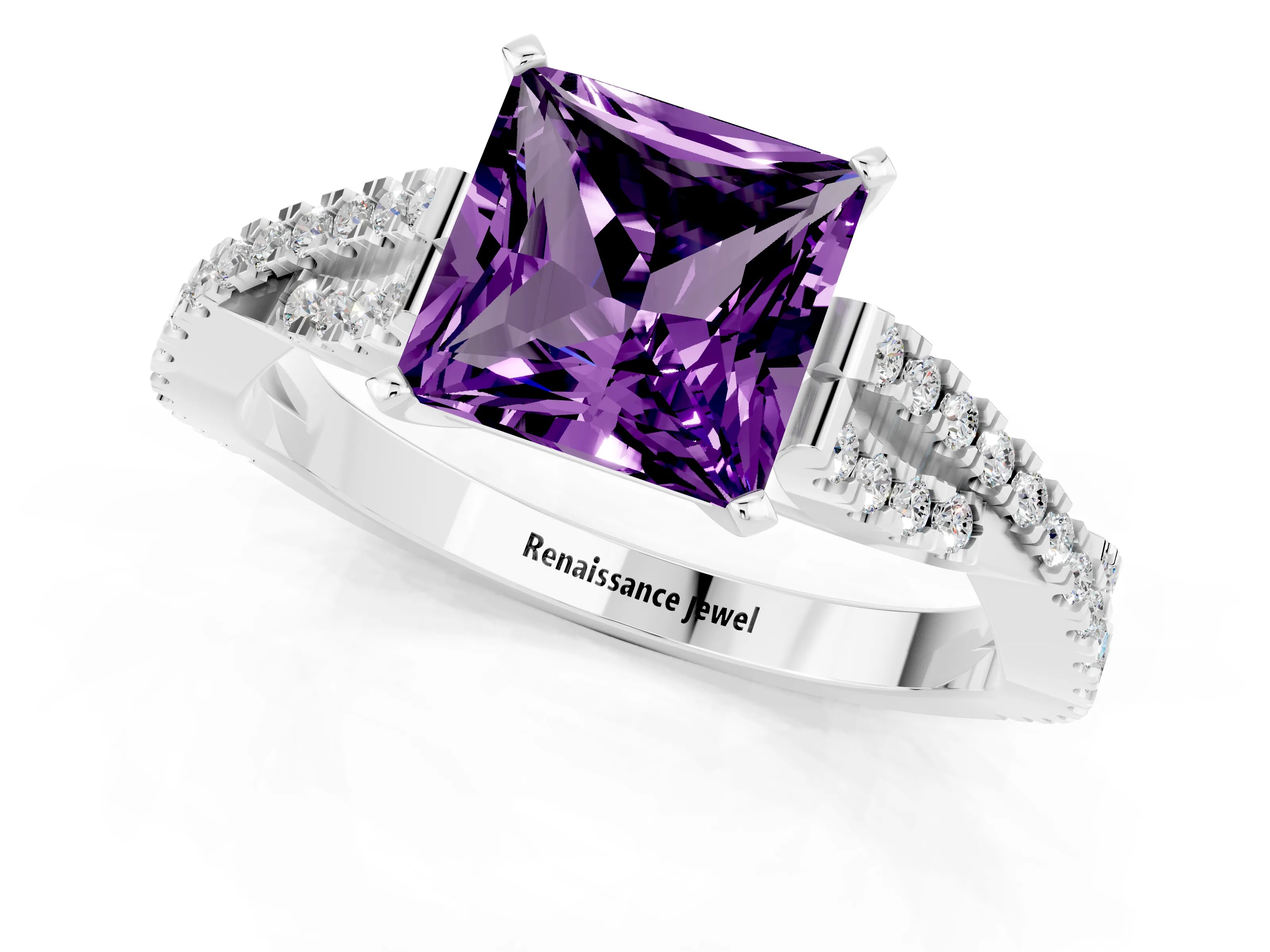 White gold Princess Cut Amethyst Solitaire Engagement Ring with Twisted Pavé Band and Four-Prong Setting_13