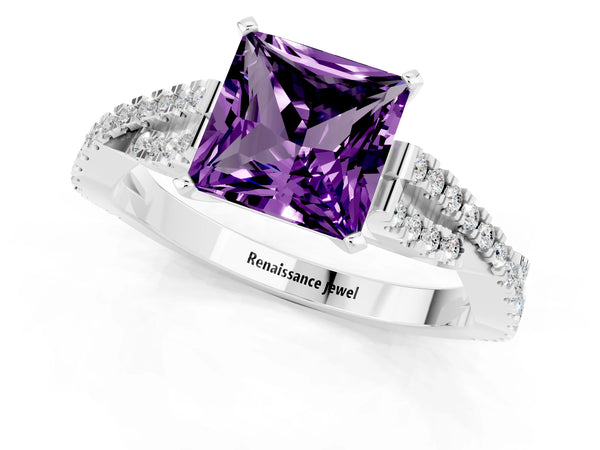 Platinum Princess Cut Amethyst Solitaire Engagement Ring with Twisted Pavé Band and Four-Prong Setting