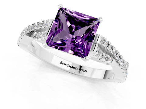 White gold Princess Cut Amethyst Solitaire Engagement Ring with Twisted Pavé Band and Four-Prong Setting_13