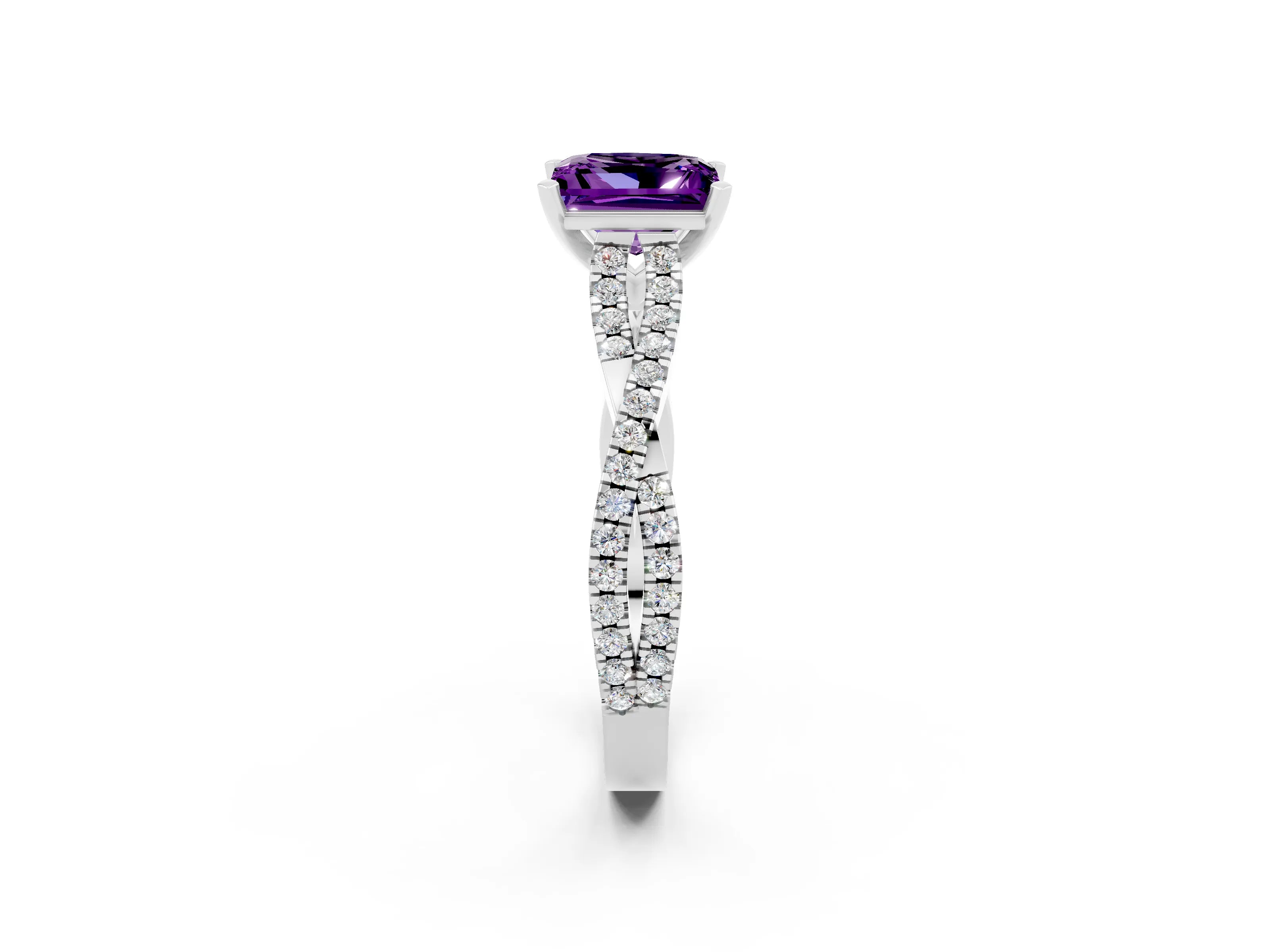 White gold Princess Cut Amethyst Solitaire Engagement Ring with Twisted Pavé Band and Four-Prong Setting_14