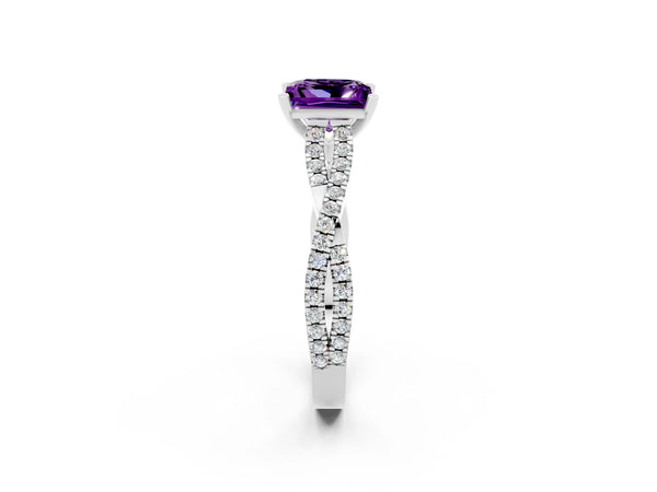 Silver Princess Cut Amethyst Solitaire Engagement Ring with Twisted Pavé Band and Four-Prong Setting