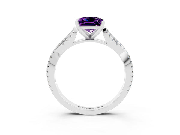 White gold Princess Cut Amethyst Solitaire Engagement Ring with Twisted Pavé Band and Four-Prong Setting