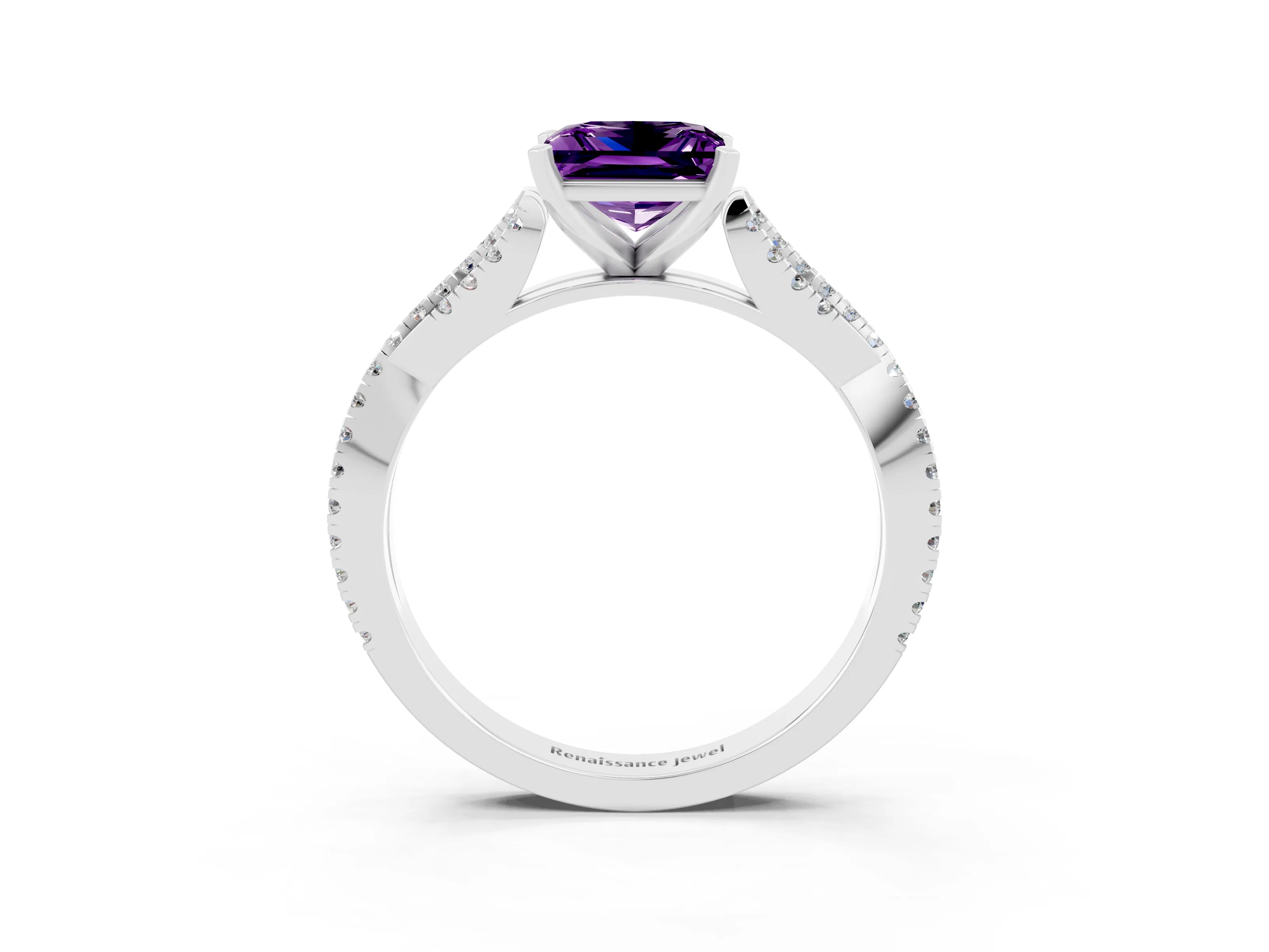 White gold Princess Cut Amethyst Solitaire Engagement Ring with Twisted Pavé Band and Four-Prong Setting_15