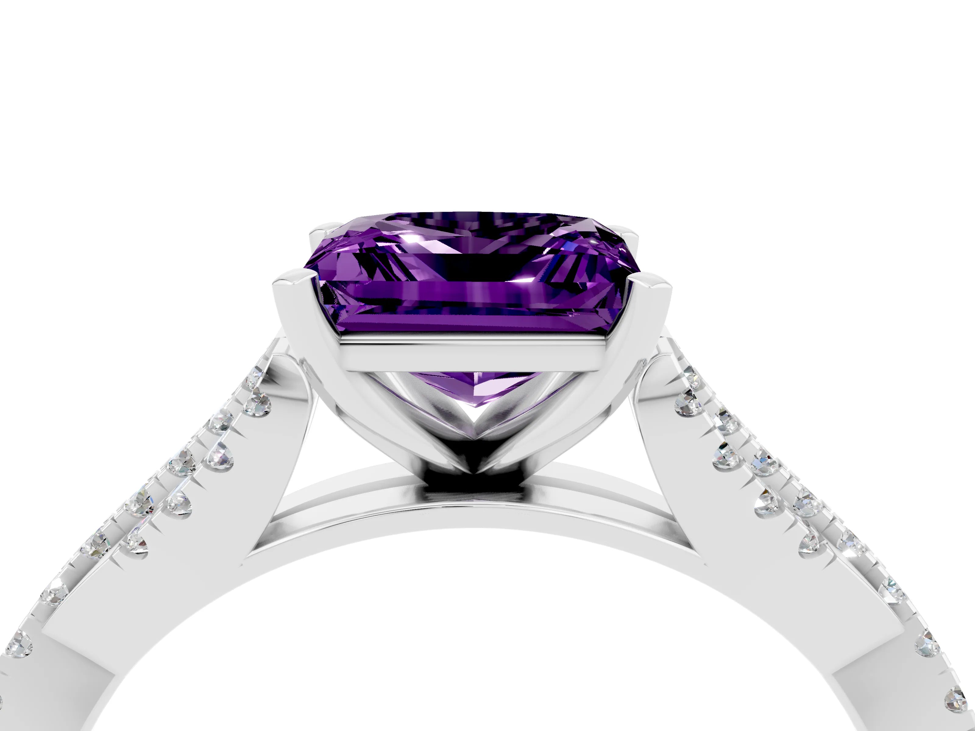 White gold Princess Cut Amethyst Solitaire Engagement Ring with Twisted Pavé Band and Four-Prong Setting_16