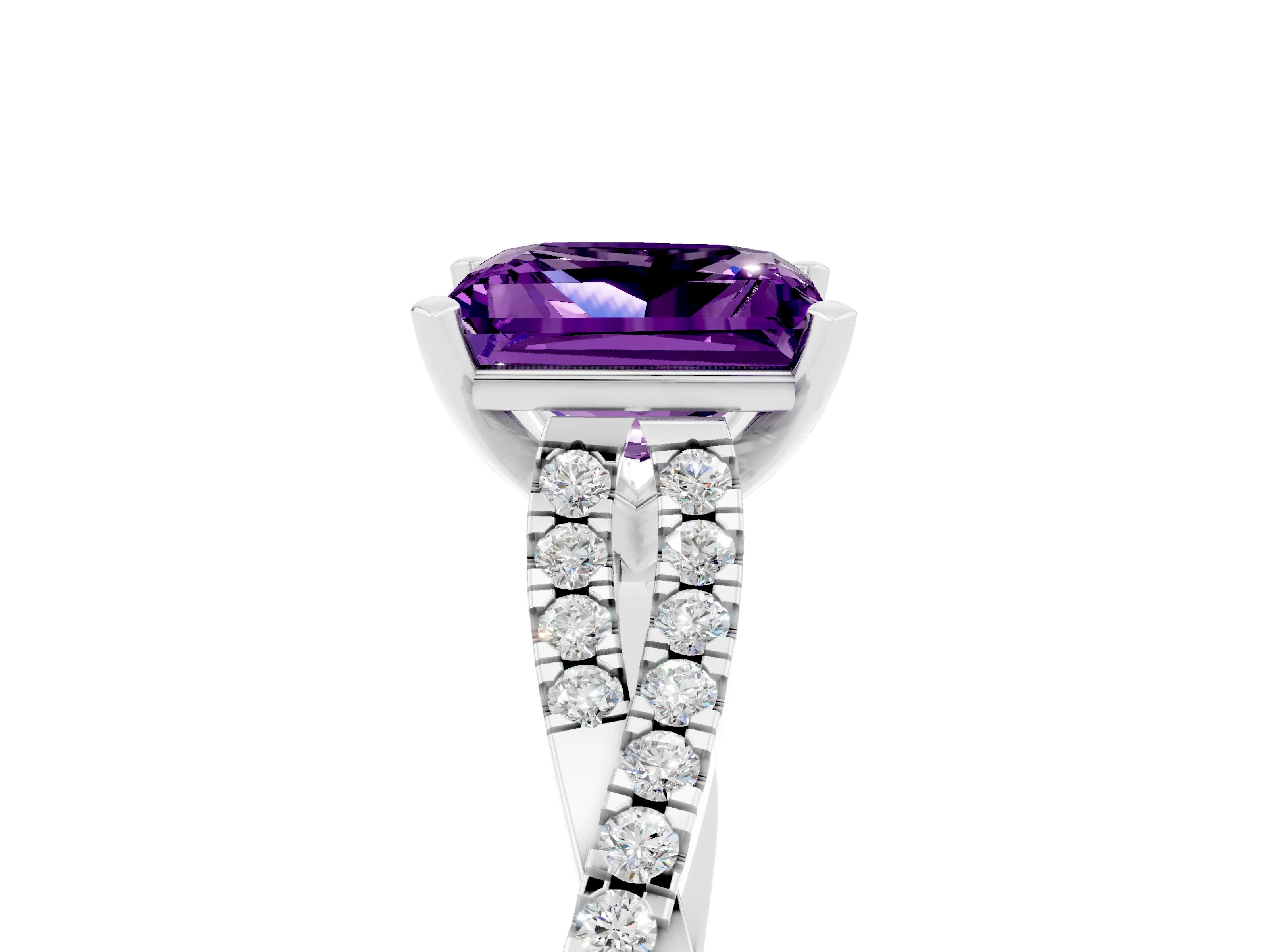 White gold Princess Cut Amethyst Solitaire Engagement Ring with Twisted Pavé Band and Four-Prong Setting_17