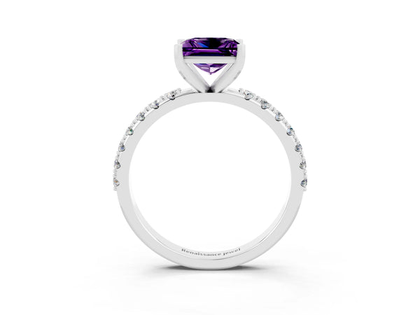 White gold Princess Cut Amethyst Solitaire Pavé Band with Four-Prong Setting