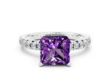 White gold Princess Cut Amethyst Solitaire Pavé Engagement Ring with Round Band and Prong Setting_12