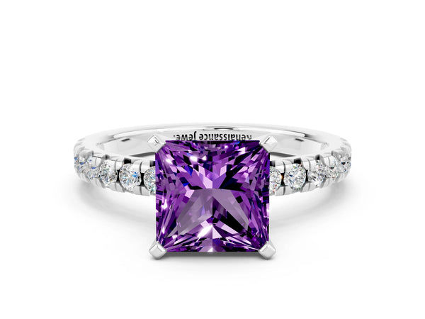 Platinum Princess Cut Amethyst Solitaire Pavé Engagement Ring with Round Band and Prong Setting