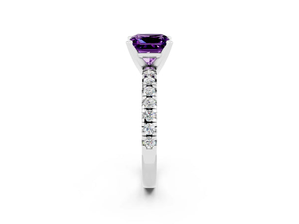 Platinum Princess Cut Amethyst Solitaire Pavé Engagement Ring with Round Band and Prong Setting