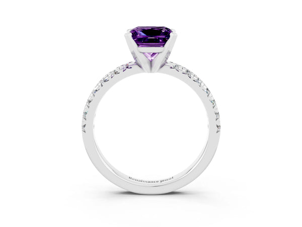 Platinum Princess Cut Amethyst Solitaire Pavé Engagement Ring with Round Band and Prong Setting