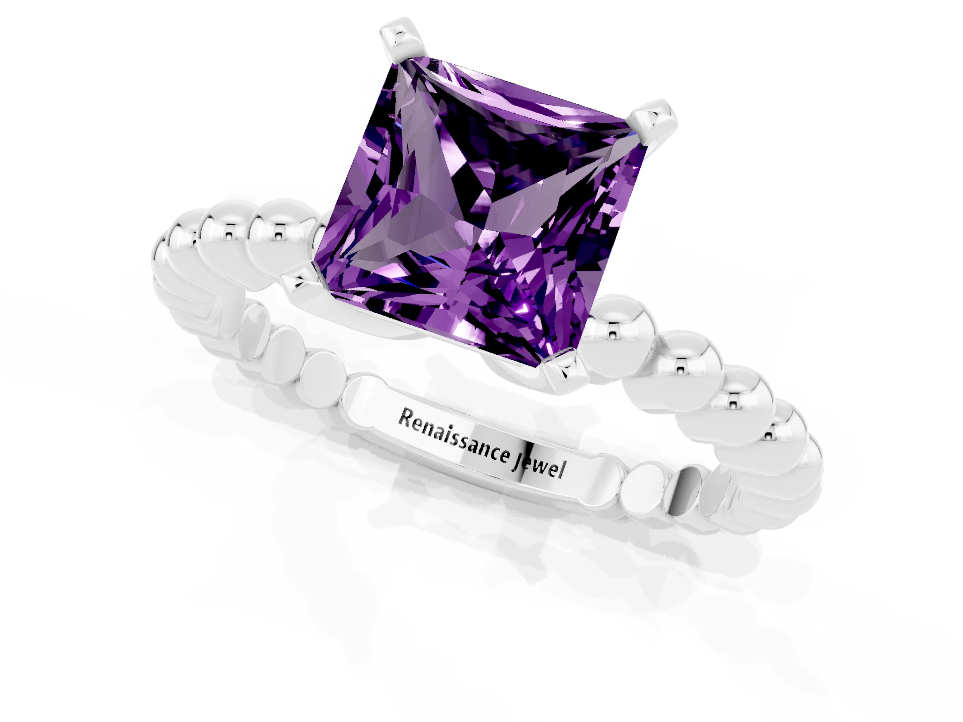 White gold Princess Cut Amethyst Solitaire Ring with Beaded Band and Prong Setting_1