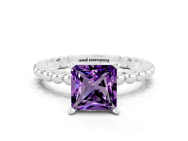 White gold Princess Cut Amethyst Solitaire Ring with Beaded Band and Prong Setting