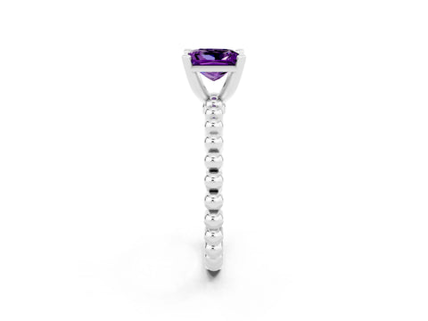 White gold Princess Cut Amethyst Solitaire Ring with Beaded Band and Prong Setting_14