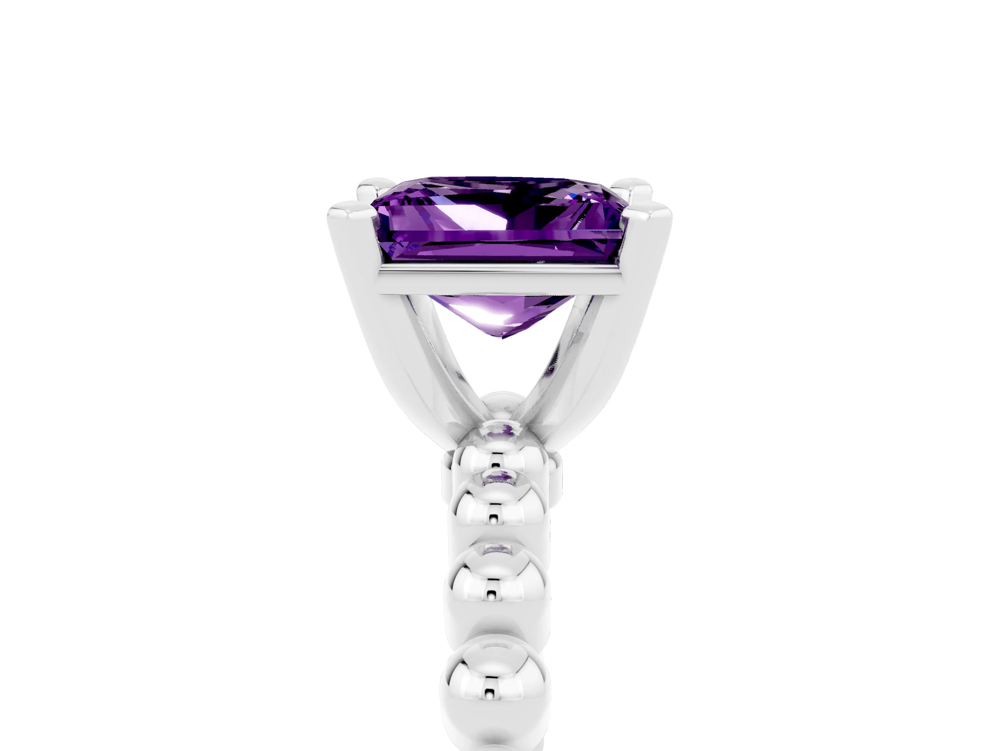 White gold Princess Cut Amethyst Solitaire Ring with Beaded Band and Prong Setting_17