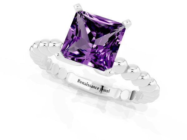 Silver Princess Cut Amethyst Solitaire Ring with Beaded Band and Prong Setting