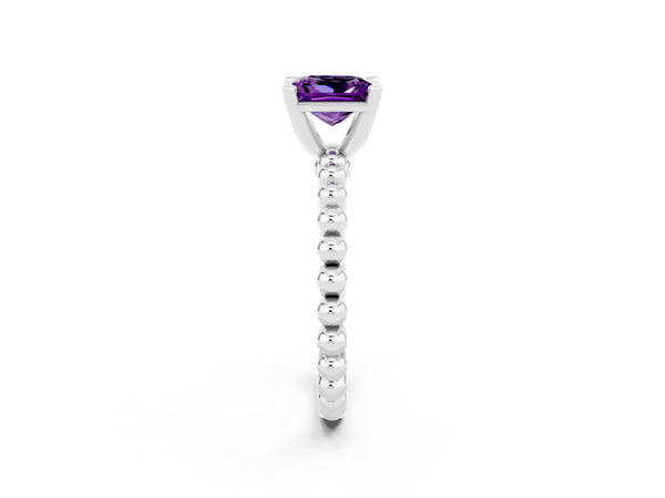 Platinum Princess Cut Amethyst Solitaire Ring with Beaded Band and Prong Setting