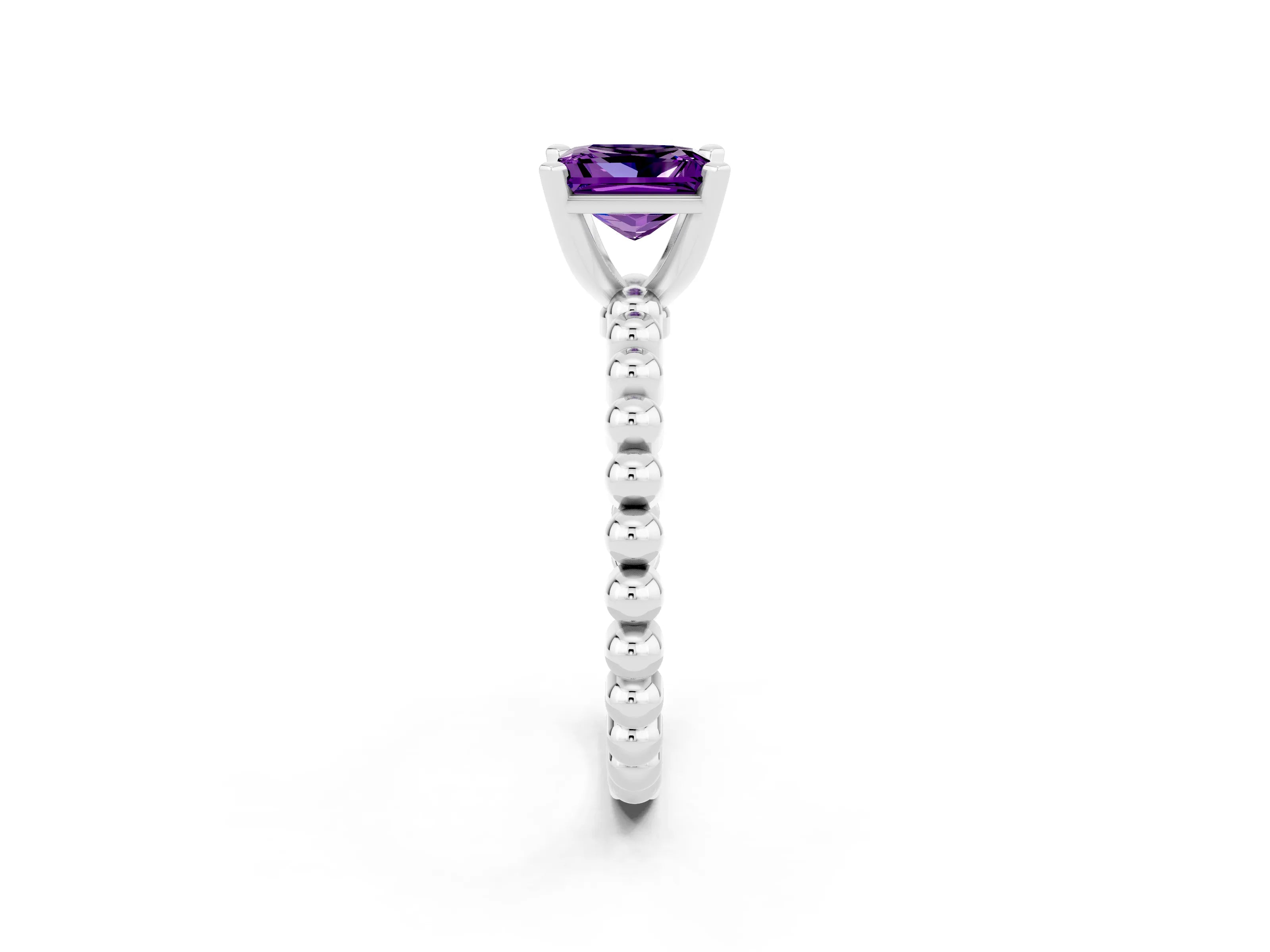 White gold Princess Cut Amethyst Solitaire Ring with Beaded Band and Prong Setting_2