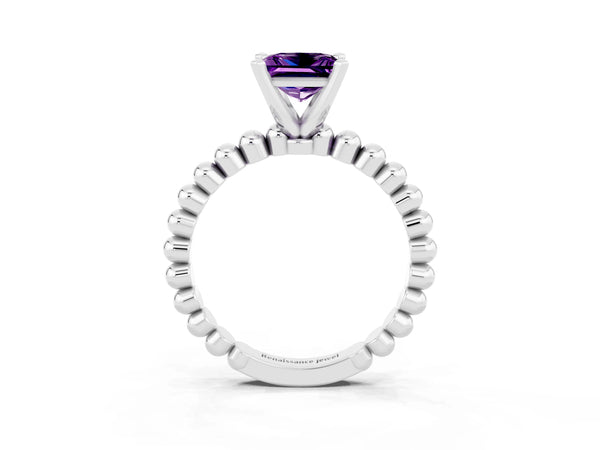 Platinum Princess Cut Amethyst Solitaire Ring with Beaded Band and Prong Setting