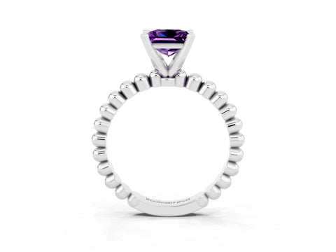 White gold Princess Cut Amethyst Solitaire Ring with Beaded Band and Prong Setting_3