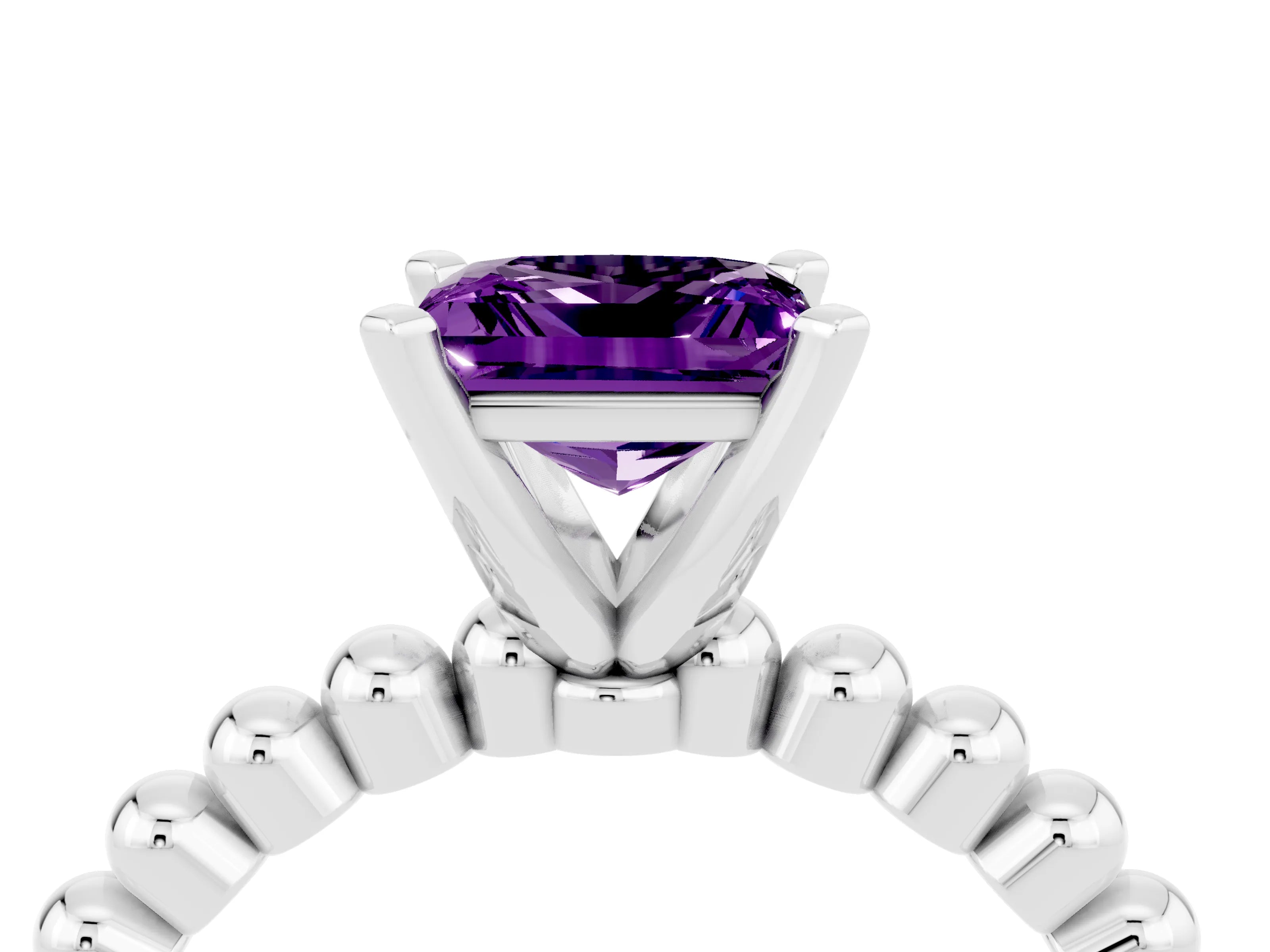 White gold Princess Cut Amethyst Solitaire Ring with Beaded Band and Prong Setting_4