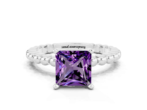 White gold Princess Cut Amethyst Solitaire Ring with Beaded Band and Prong Setting