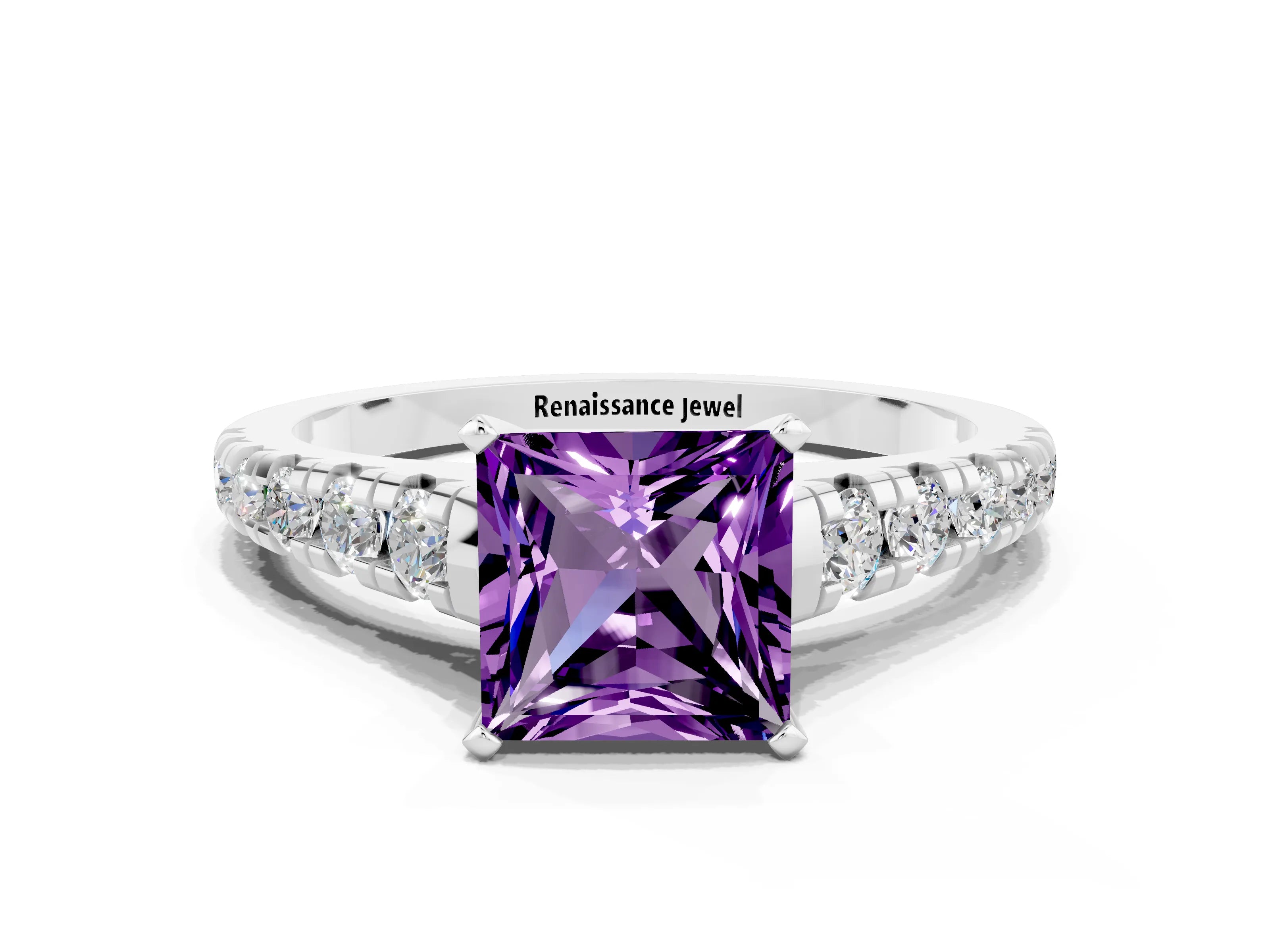 White gold Princess Cut Amethyst Solitaire Ring with Cathedral Setting and Pavé Band