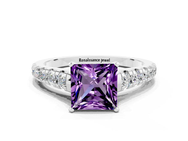 Platinum Princess Cut Amethyst Cathedral Solitaire Ring with Round  Pavé Band