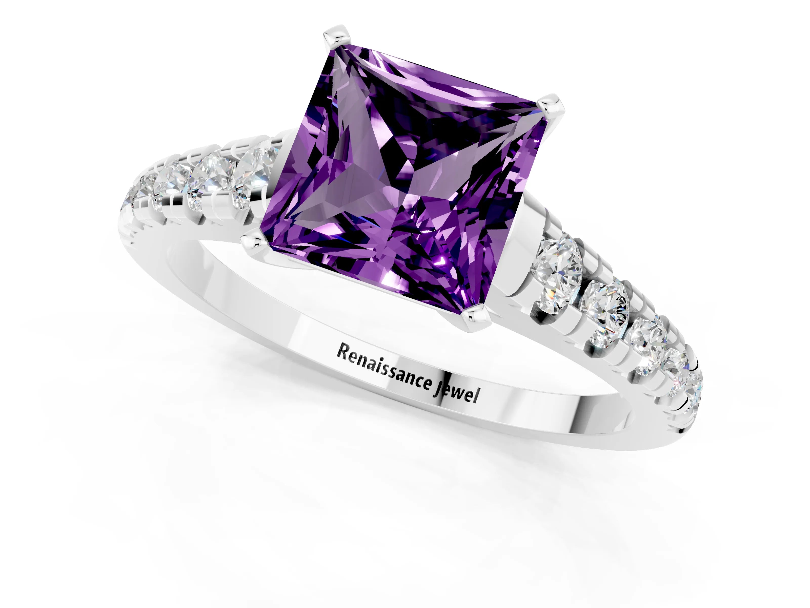 White gold Princess Cut Amethyst Solitaire Ring with Cathedral Setting and Pavé Band_1