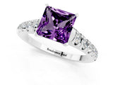 White gold Princess Cut Amethyst Solitaire Ring with Cathedral Setting and Pavé Band_1