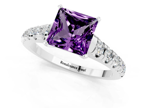 White gold Princess Cut Amethyst Cathedral Solitaire Ring with Round  Pavé Band