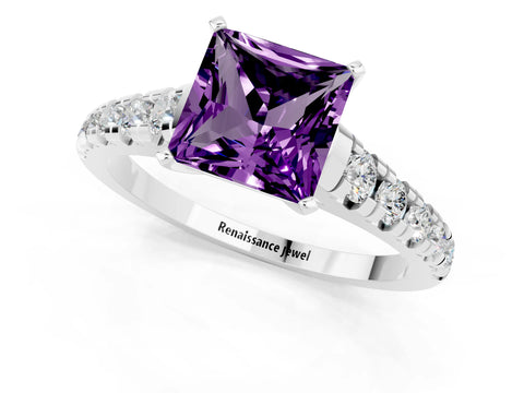 White gold Princess Cut Amethyst Solitaire Ring with Cathedral Setting and Pavé Band_1