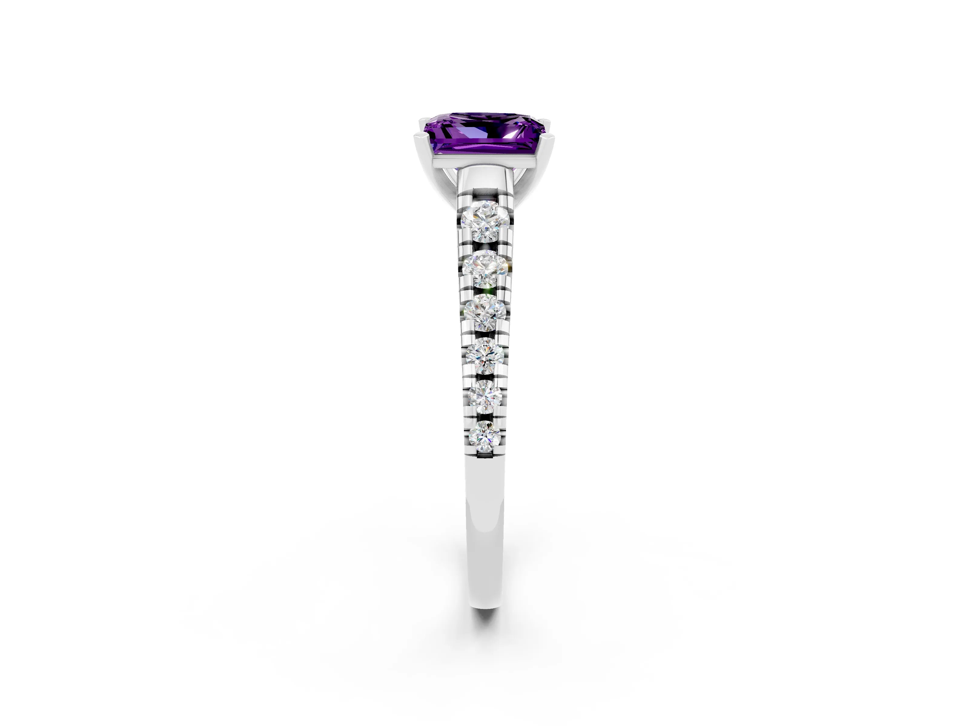 White gold Princess Cut Amethyst Solitaire Ring with Cathedral Setting and Pavé Band_2