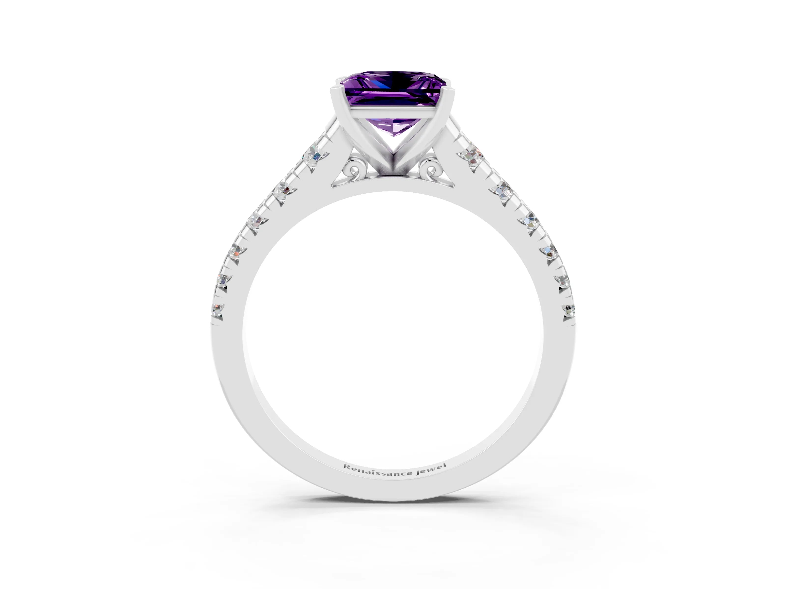 White gold Princess Cut Amethyst Solitaire Ring with Cathedral Setting and Pavé Band_3