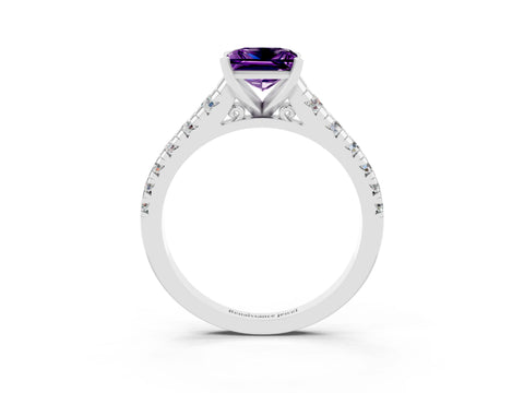 White gold Princess Cut Amethyst Solitaire Ring with Cathedral Setting and Pavé Band_3