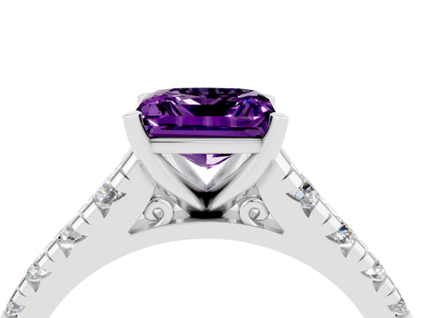 White gold Princess Cut Amethyst Solitaire Ring with Cathedral Setting and Pavé Band_4