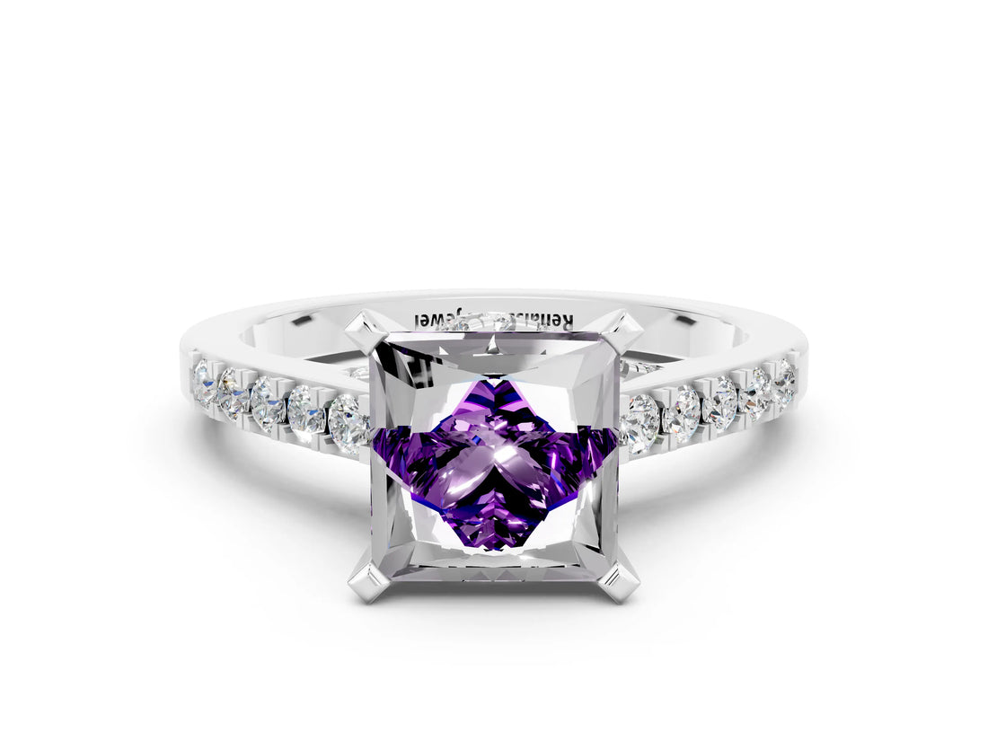 White gold Princess Cut Amethyst Solitaire Ring with Crossover Gallery and Round  Pavé Band_12