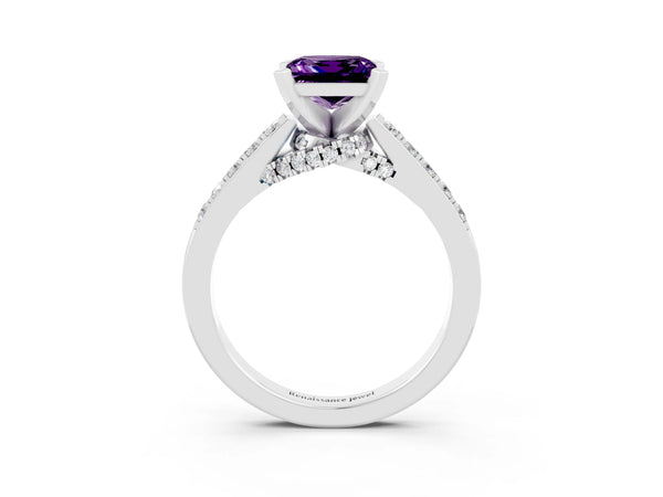 Silver Princess Cut Amethyst Solitaire Ring with Crossover Gallery and Round  Pavé Band