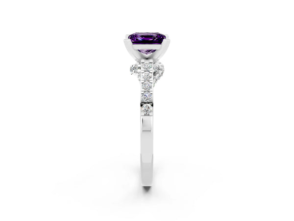 White gold Princess Cut Amethyst Solitaire Ring with Crossover Gallery and Round  Pavé Band