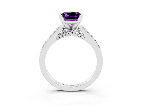 White gold Princess Cut Amethyst Solitaire Ring with Crossover Gallery and Round  Pavé Band