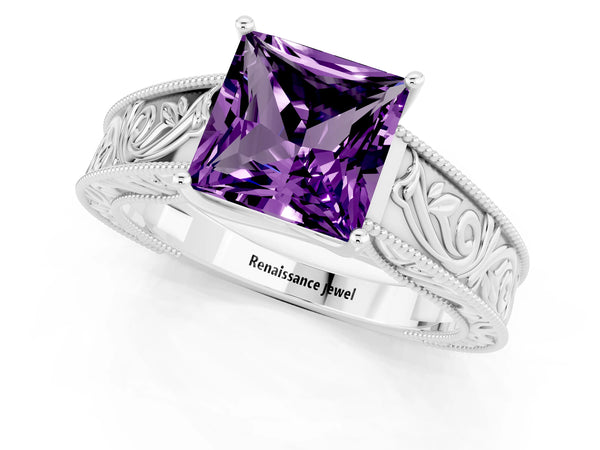 Platinum Princess Cut Amethyst Solitaire Ring with Engraved Band and Four-Prong Setting