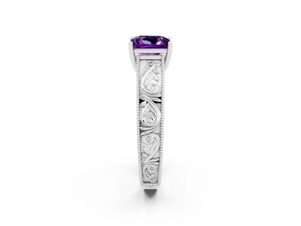 Platinum Princess Cut Amethyst Solitaire Ring with Engraved Band and Four-Prong Setting