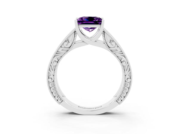 Platinum Princess Cut Amethyst Solitaire Ring with Engraved Band and Four-Prong Setting