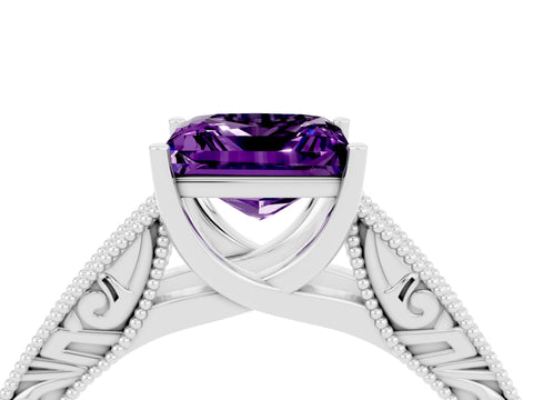 White gold Princess Cut Amethyst Solitaire Ring with Engraved Band and Four-Prong Setting_4