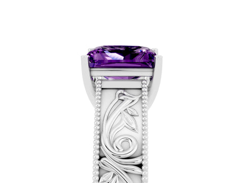 White gold Princess Cut Amethyst Solitaire Ring with Engraved Band and Four-Prong Setting_5