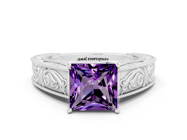 Silver Princess Cut Amethyst Solitaire Ring with Engraved Band and Four-Prong Setting