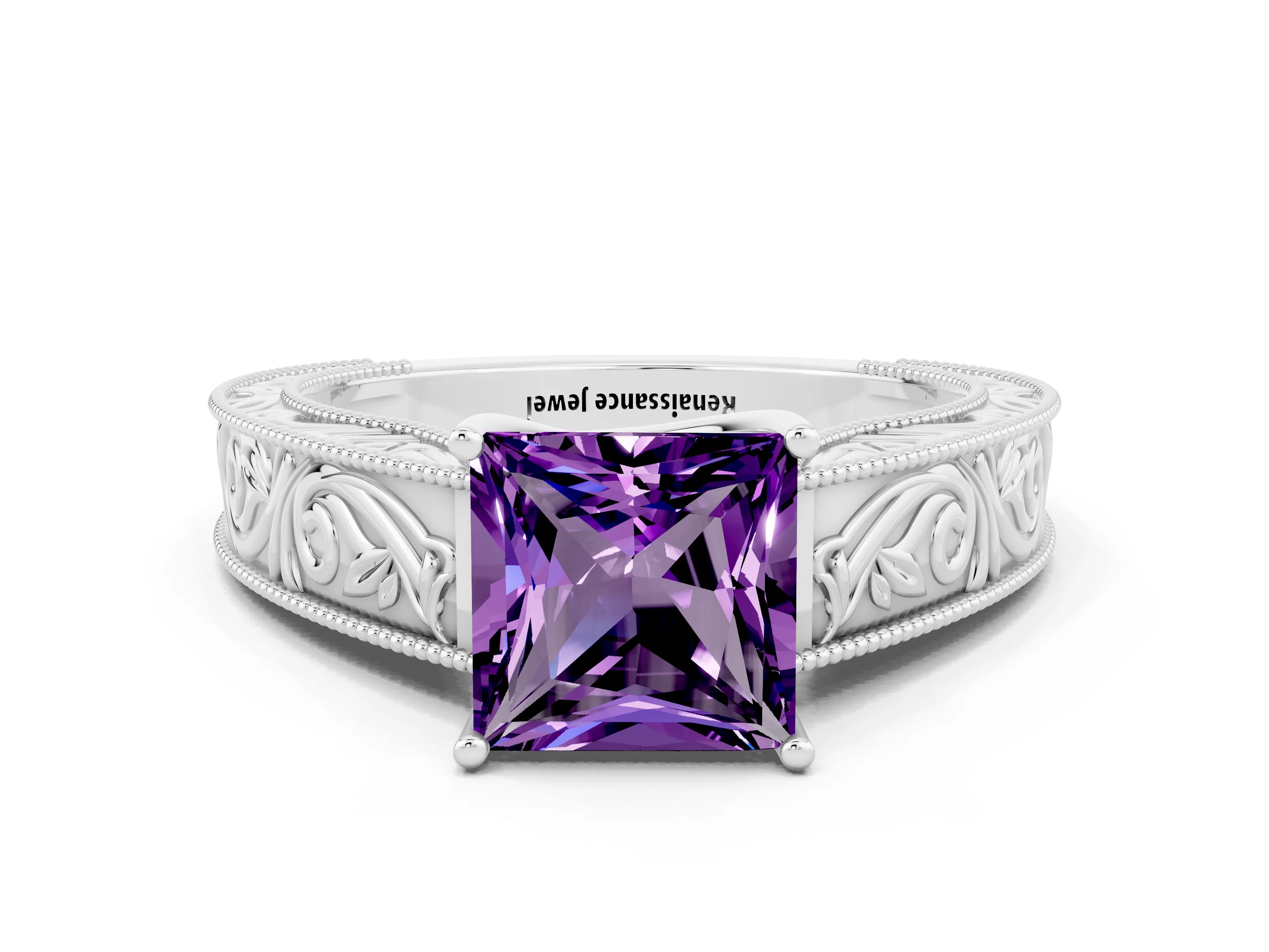 White gold Princess Cut Amethyst Solitaire Ring with Engraved Band and Four-Prong Setting