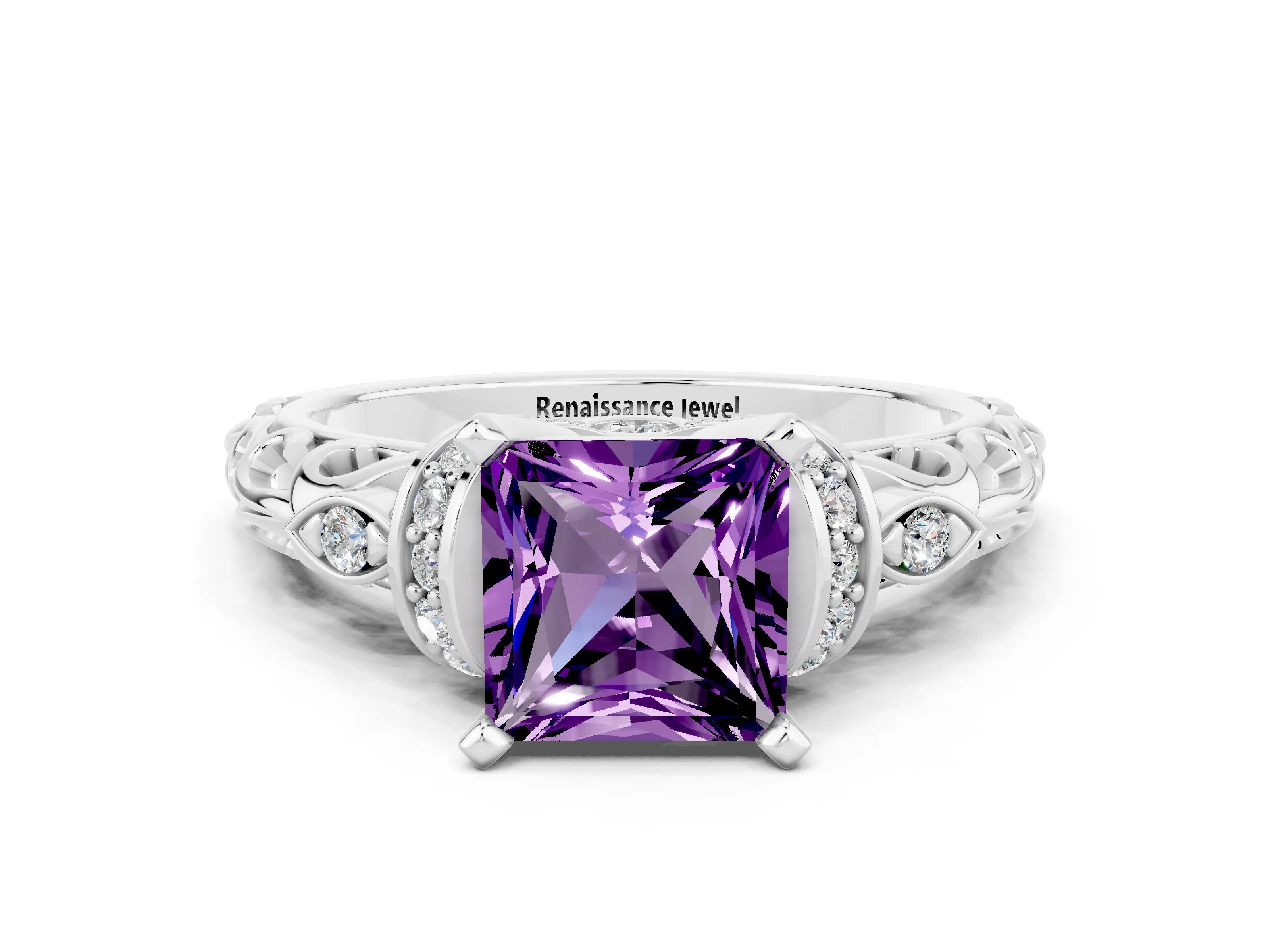 White gold Princess Cut Amethyst Solitaire Ring with Filigree Band and Four-Prong Setting_24
