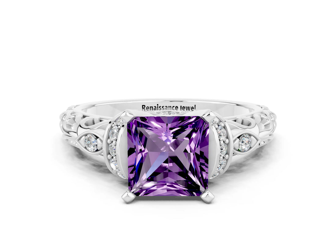 White gold Princess Cut Amethyst Solitaire Ring with Filigree Band and Four-Prong Setting_24