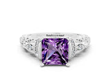 White gold Princess Cut Amethyst Solitaire Ring with Filigree Band and Four-Prong Setting_24